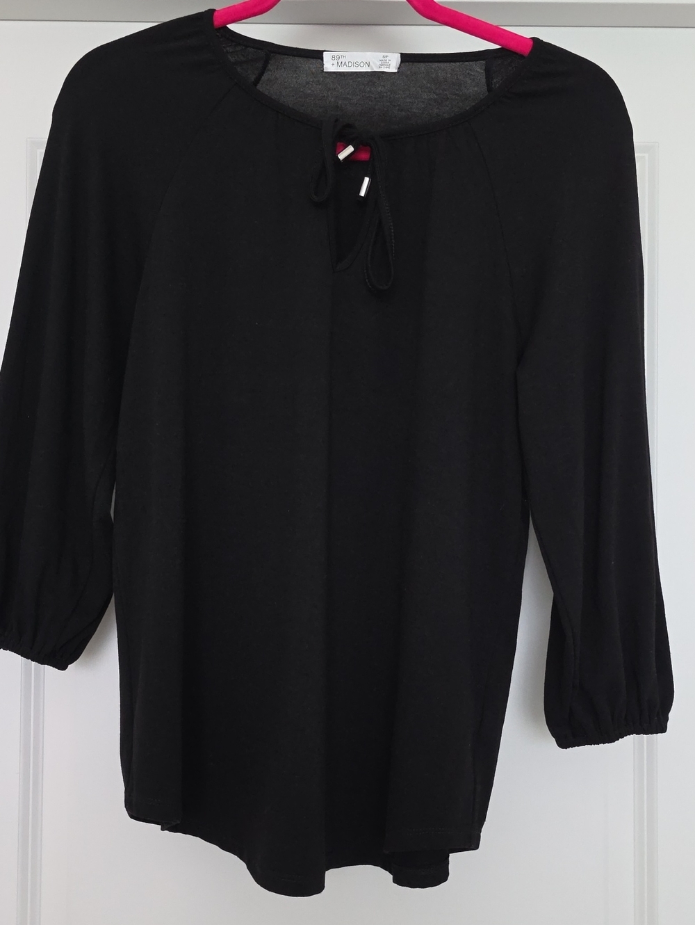 89th & Madison Black Tie-Neck 3/4 Sleeve Top